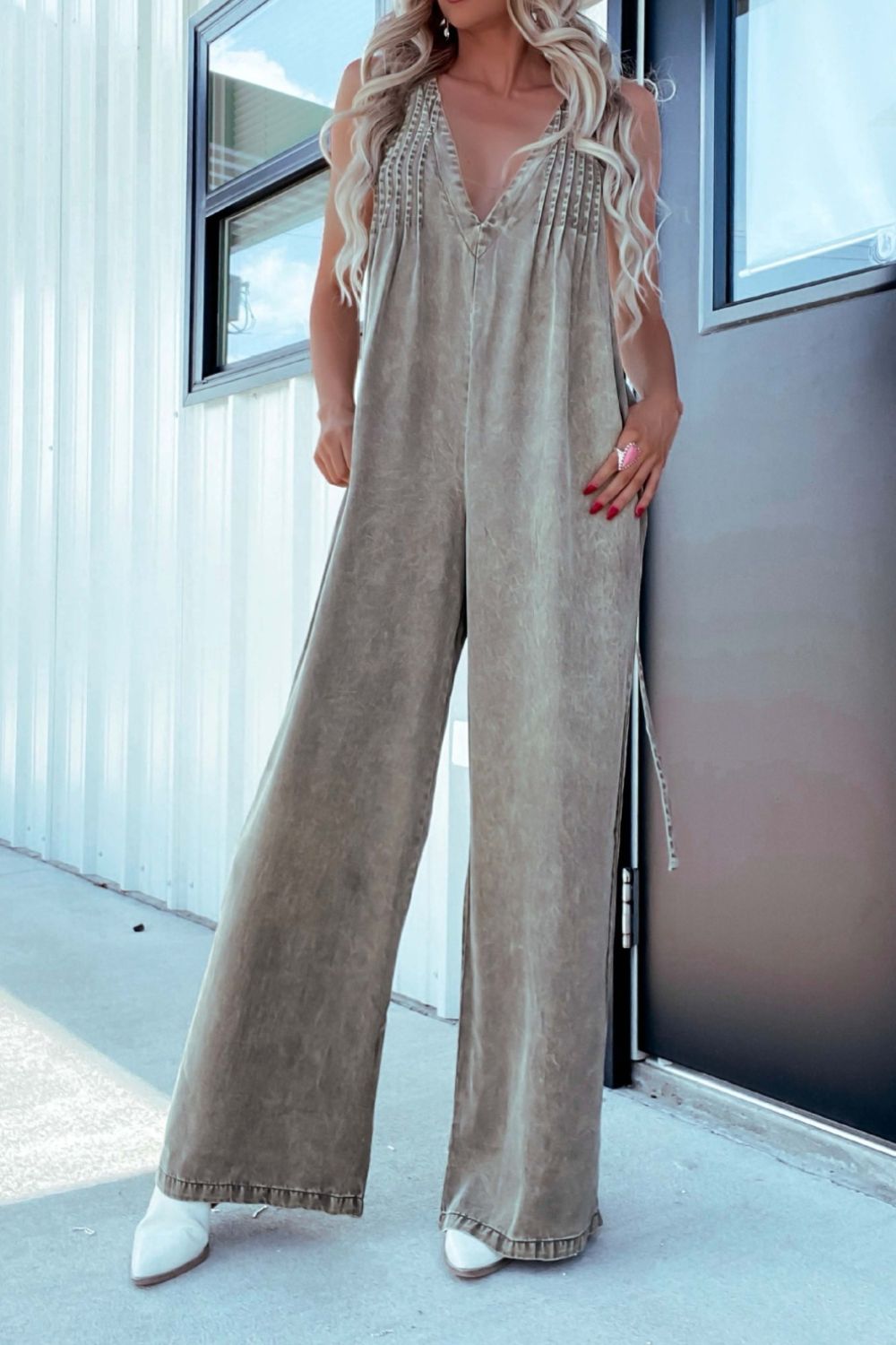 V-Neck Wide Leg Denim Jumpsuit